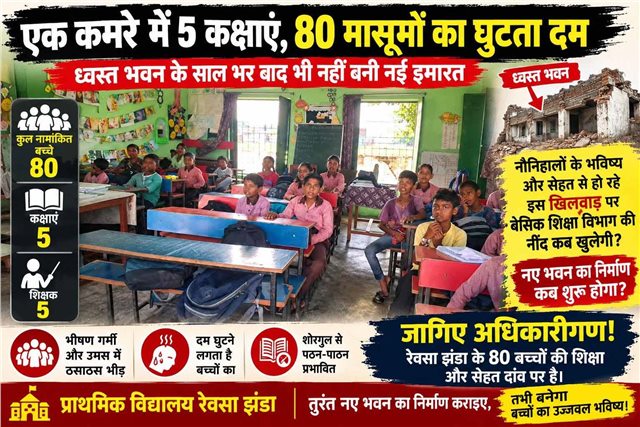 मासूमों की सांसों पर भारी प्रशासनिक लापरवाही: चंदौली के रेवसा झंडा विद्यालय में 1 कमरे में सिमटा 80 बच्चों का भविष्य